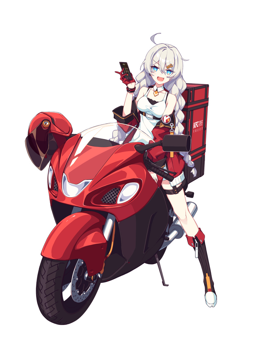 1girl :d absurdres antenna_hair bare_shoulders black_footwear blue_eyes boots braid cellphone chinese_text full_body gloves hair_between_eyes hair_ornament hairpin highres holding holding_phone honkai_(series) honkai_impact_3rd jacket kfc kiana_kaslana litsvn long_hair long_sleeves looking_at_viewer motor_vehicle motorcycle open_mouth phone red_gloves red_jacket simple_background sleeveless smartphone smile solo twin_braids white_background white_hair