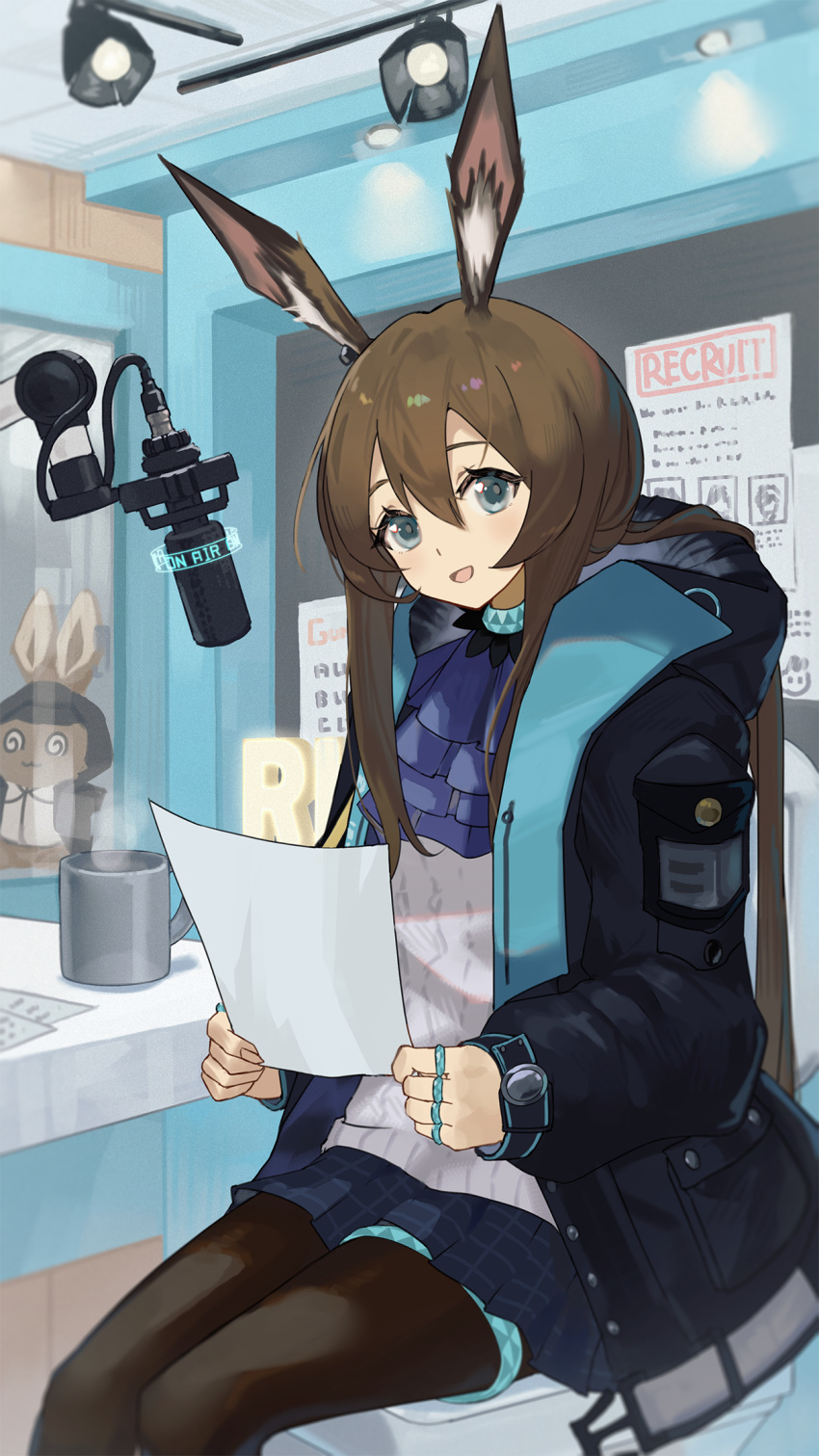 1girl :d amiya_(arknights) animal_ears arknights ascot black_jacket black_pantyhose blue_ascot blue_collar blue_skirt brown_hair ceiling_light chair choshanland_plushy_(arknights) collar cup doctor_(arknights) feet_out_of_frame hair_between_eyes highres holding holding_paper hood hood_down hooded_jacket jacket jewelry long_sleeves looking_at_viewer microphone mug multiple_rings nanase_(nanase_cg) neck_ring open_clothes open_jacket open_mouth pantyhose paper plaid plaid_skirt pleated_skirt ponytail rabbit_ears rabbit_girl recording_studio ring shirt sidelocks sitting skirt smile solo steam stuffed_animal stuffed_rabbit stuffed_toy table white_shirt