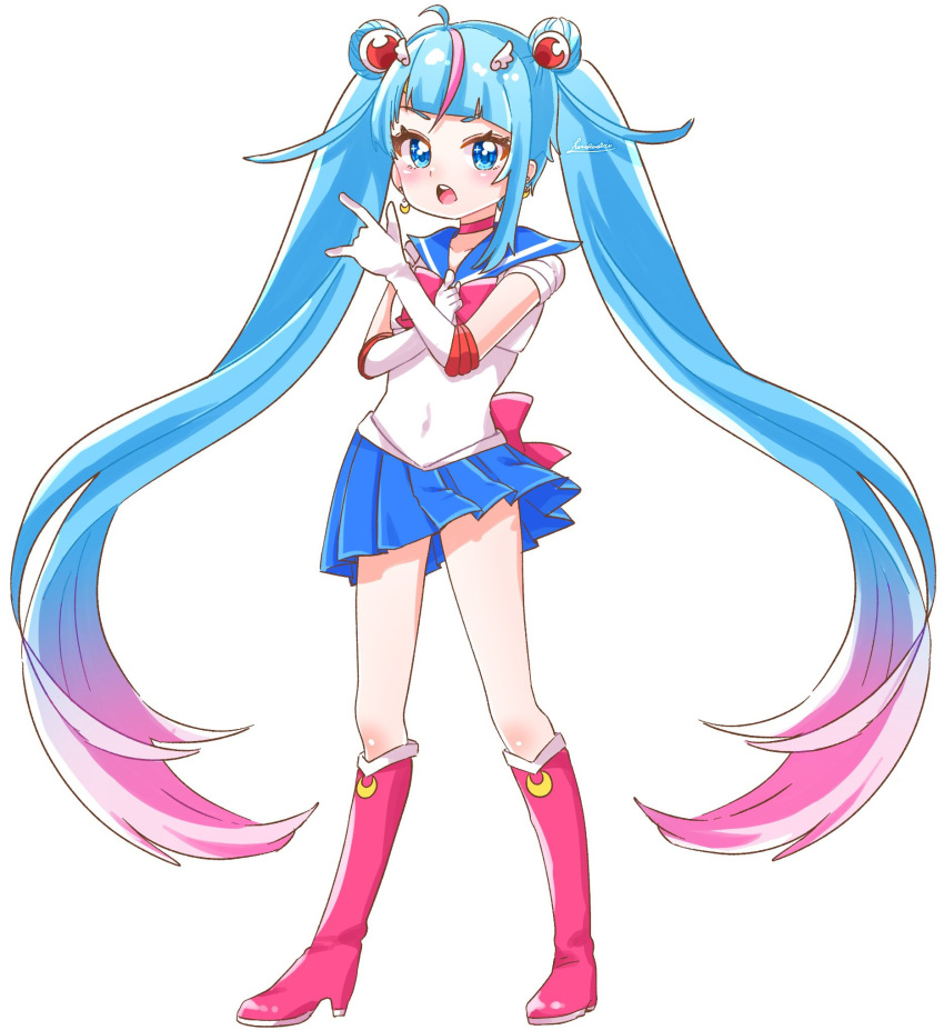 1girl bishoujo_senshi_sailor_moon blue_eyes blue_hair blue_sailor_collar blue_skirt boots bow bowtie choker cosplay crescent crossover cure_sky double_bun earrings elbow_gloves full_body gloves hair_bun hair_ornament highres himawarin5ame0 hirogaru_sky!_precure jewelry knee_boots long_hair looking_at_viewer multicolored_hair parody pink_bow pink_bowtie pink_footwear pink_hair pleated_skirt precure sailor_collar sailor_moon sailor_moon_(cosplay) sailor_senshi_uniform simple_background skirt solo style_parody tsuki_ni_kawatte_oshioki_yo twintails white_background white_gloves