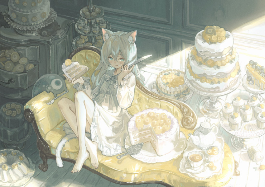1girl animal_ear_fluff animal_ears bare_legs barefoot bundt_cake buttons cake cake_slice cake_slicer cat_ears cat_girl cat_tail chest_of_drawers closed_mouth collared_dress commentary couch creature crossed_bangs cup drawer dress drinking_glass english_commentary food food_on_face fork frilled_dress frilled_shirt_collar frilled_sleeves frills grey_hair hair_between_eyes hands_up highres holding holding_cake holding_food holding_knife icing indoors knees_up knife layer_cake licking_lips long_hair looking_at_viewer on_couch original plantar_flexion plate popepopo999 saucer sitting solo table_knife tail teacup teapot tiered_tray tongue tongue_out too_many tray white_dress wooden_floor