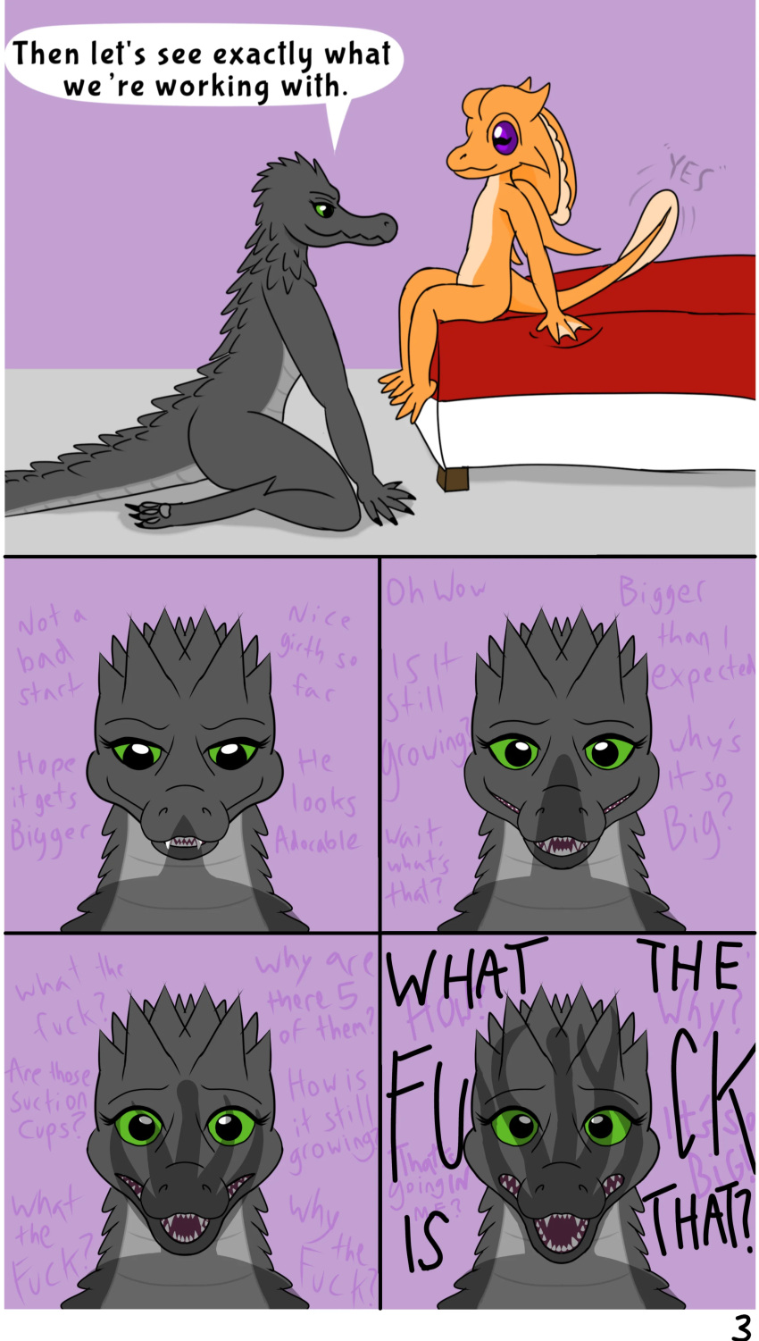 absurd_res anthro arxur_(the_nature_of_predators) bed bedroom cephalopod comic dialogue english_text female furniture green_eyes hi_res horizontal_pupils kolshian_(the_nature_of_predators) larger_female male marine mega_ray mollusk penis_shadow penis_tentacles profanity pupils purple_eyes reptile scalie size_difference smaller_male speech_bubble tentacles text the_nature_of_predators thought_bubble