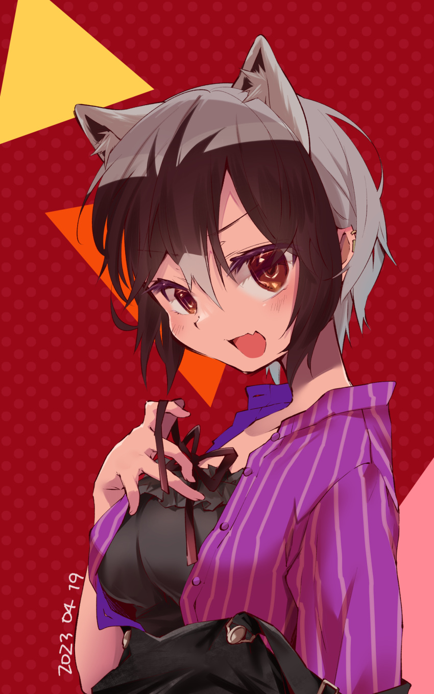 1girl :d alternate_hair_length alternate_hairstyle animal_ear_fluff animal_ears black_hair breasts brown_eyes commentary common_raccoon_(kemono_friends) dated earclip extra_ears fang grey_hair hair_between_eyes highres kemono_friends large_breasts looking_at_viewer multicolored_hair nanana_(nanana_iz) open_clothes open_mouth open_shirt overalls purple_shirt raccoon_ears raccoon_girl shirt short_hair short_sleeves simple_background skin_fang smile solo striped striped_shirt two-tone_hair upper_body vertical-striped_shirt vertical_stripes