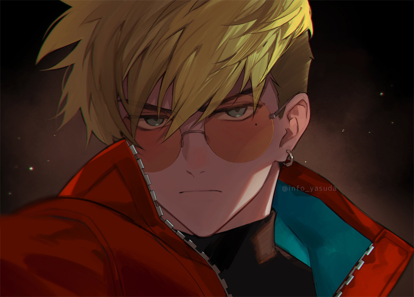 1boy black_background black_shirt blonde_hair blue_eyes closed_mouth earrings glasses jacket jewelry looking_at_viewer male_focus mole mole_under_eye orange-tinted_eyewear portrait red_jacket round_eyewear shirt short_hair single_earring solo tinted_eyewear trigun trigun_stampede twitter_username undercut v-shaped_eyebrows vash_the_stampede yasuda_(info_yasuda)