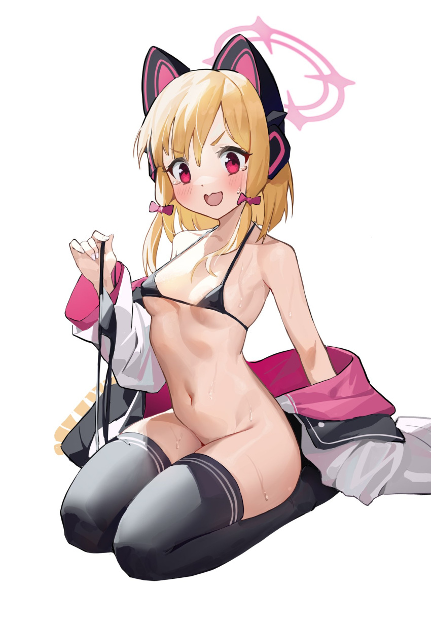 1girl bare_arms bare_shoulders bikini bikini_bottom_removed black_bikini black_thighhighs blonde_hair blue_archive blush bow breasts hair_bow highres holding holding_clothes holding_swimsuit jacket kneeling looking_at_viewer medium_hair micro_bikini momoi_(blue_archive) pink_bow pink_eyes sidelocks simple_background small_breasts solo suye sweat swimsuit tears thighhighs white_background white_jacket