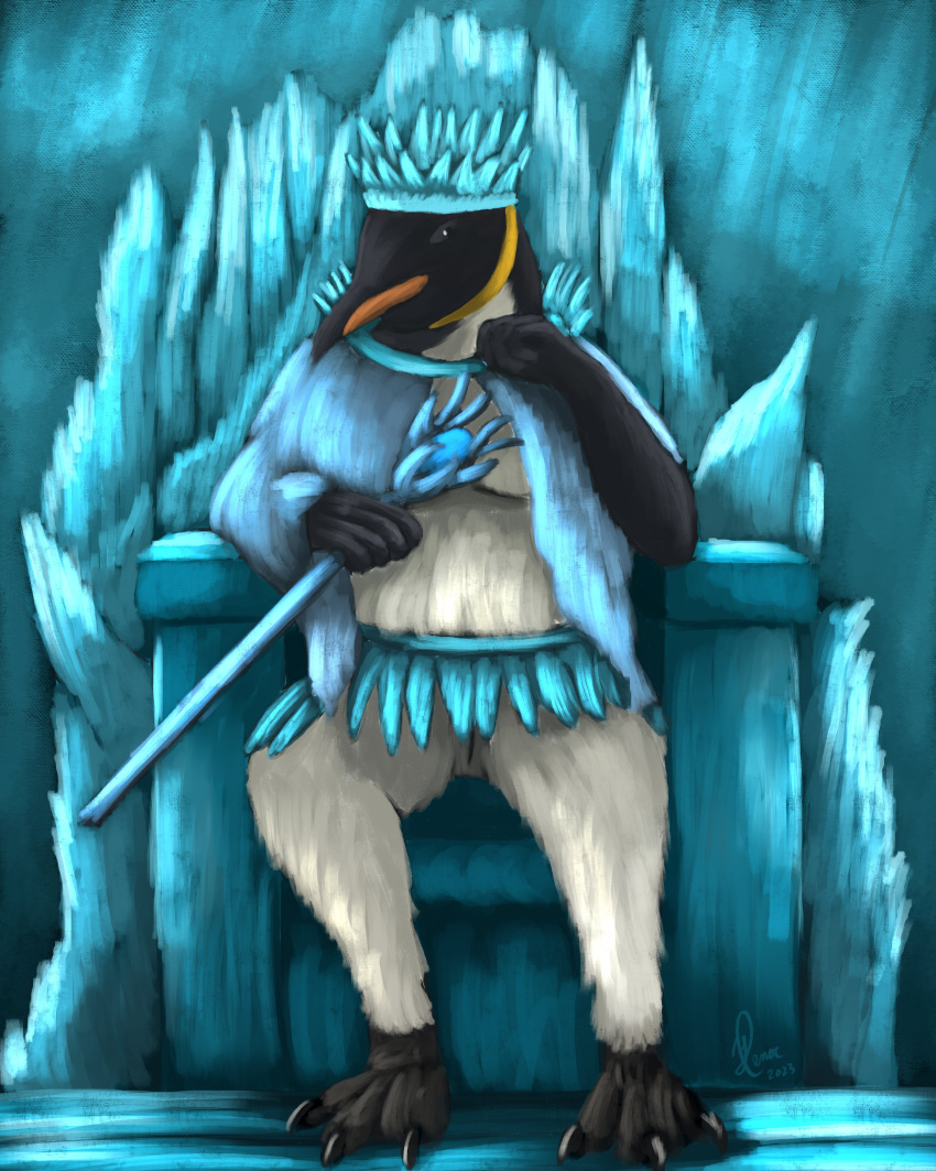 absurd_res anthro avian bird birdtember chair crown emperor_penguin feathers furniture headgear hi_res ice magic male penguin sitting solo staff throne yenocwolf