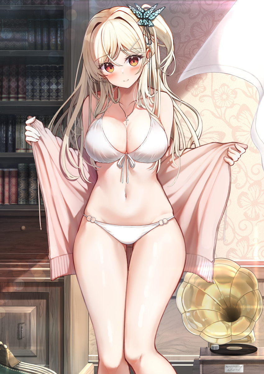 1girl absurdres bare_shoulders bikini blonde_hair blush book bookshelf breasts butterfly_hair_ornament cleavage closed_mouth collarbone cowboy_shot cross cross_earrings cross_necklace earrings front-tie_bikini_top front-tie_top hair_between_eyes hair_ornament hairclip highres hiragi_ringo holding holding_towel indoors jewelry large_breasts long_hair looking_at_viewer navel necklace o-ring o-ring_bikini o-ring_bottom orange_eyes original side_ponytail sidelocks smile solo stomach swimsuit thighs towel white_bikini