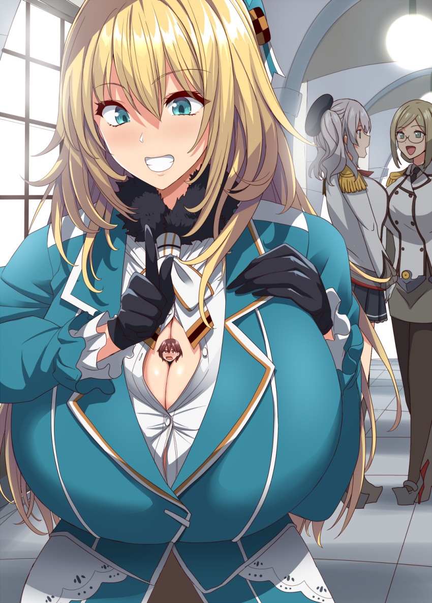 1boy 3girls admiral_(kancolle) atago_(kancolle) beret between_breasts black_gloves black_headwear black_pantyhose black_skirt blonde_hair blue_coat blue_eyes breasts button_gap buttons cleavage coat double-breasted epaulettes fur-trimmed_coat fur_trim glasses gloves green_eyes grey_hair hand_on_own_chest hat highres huge_breasts jacket kantai_collection kashima_(kancolle) katori_(kancolle) kloah little_boy_admiral_(kancolle) military_uniform mini_person miniboy multiple_girls naval_uniform pantyhose pleated_skirt shirt skirt teeth twintails uniform white_jacket white_shirt window