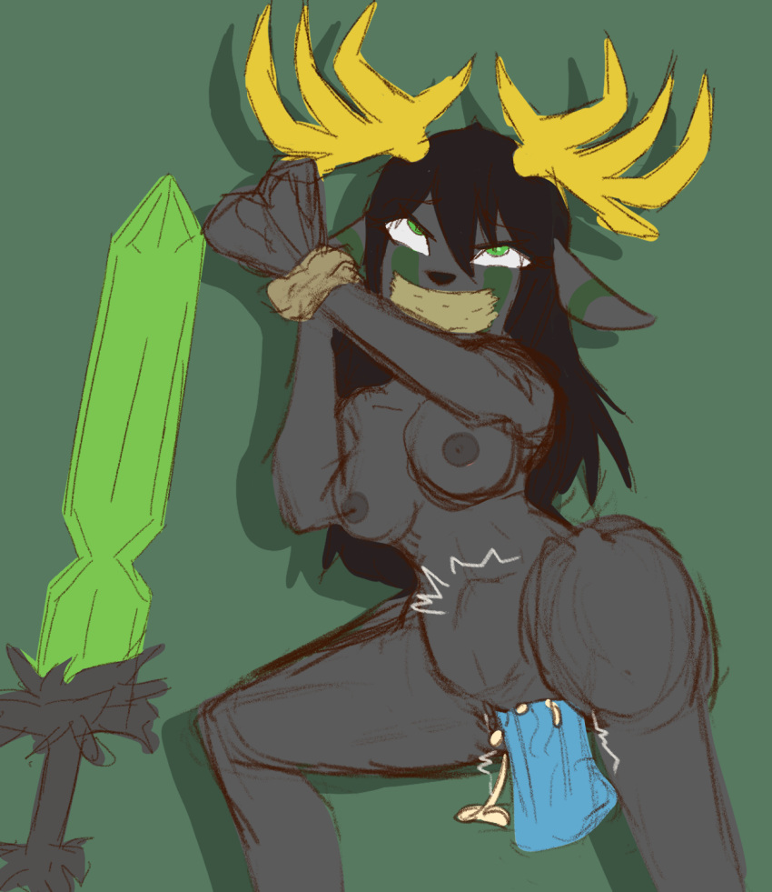 angry anthro antlers arms_tied bad_end blue_penis bodily_fluids bound breasts bulge crossgender cum cum_in_pussy cum_inside deer defeated dexious_emera duo female genital_fluids genitals hi_res horn looking_up male male/female mammal melee_weapon nude penetration penis sex solo sprrigs- sword taped_mouth vaginal vaginal_penetration warrior weapon