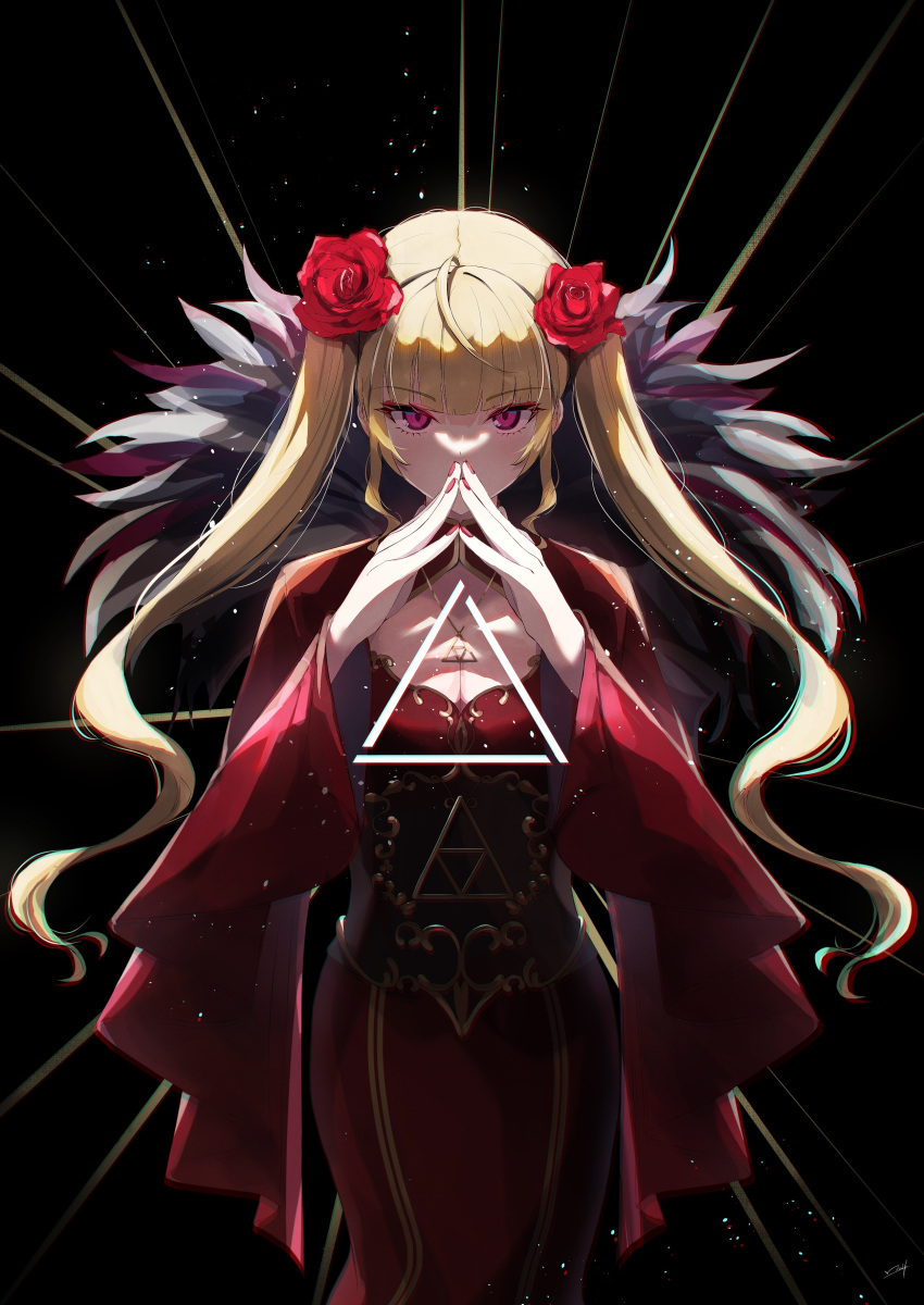 1girl absurdres black_background blonde_hair breasts cleavage covered_mouth dress flower hair_flower hair_ornament highres jewelry large_breasts long_hair looking_at_viewer necklace nijisanji red_dress red_eyes red_flower red_rose rose solo steepled_fingers takamiya_rion twintails underbust very_long_hair virtual_youtuber wide_sleeves yukai_nao