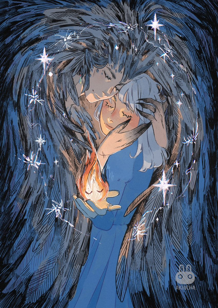 1boy 1girl akiocha artist_logo black_wings blue_dress blush calcifer carrying carrying_person claws closed_mouth dress earrings eyelashes feather_hair fire hand_on_another's_face highres howl_(howl_no_ugoku_shiro) howl_no_ugoku_shiro hug jewelry long_hair smile sophie_(howl_no_ugoku_shiro) sparkle studio_ghibli white_hair wings