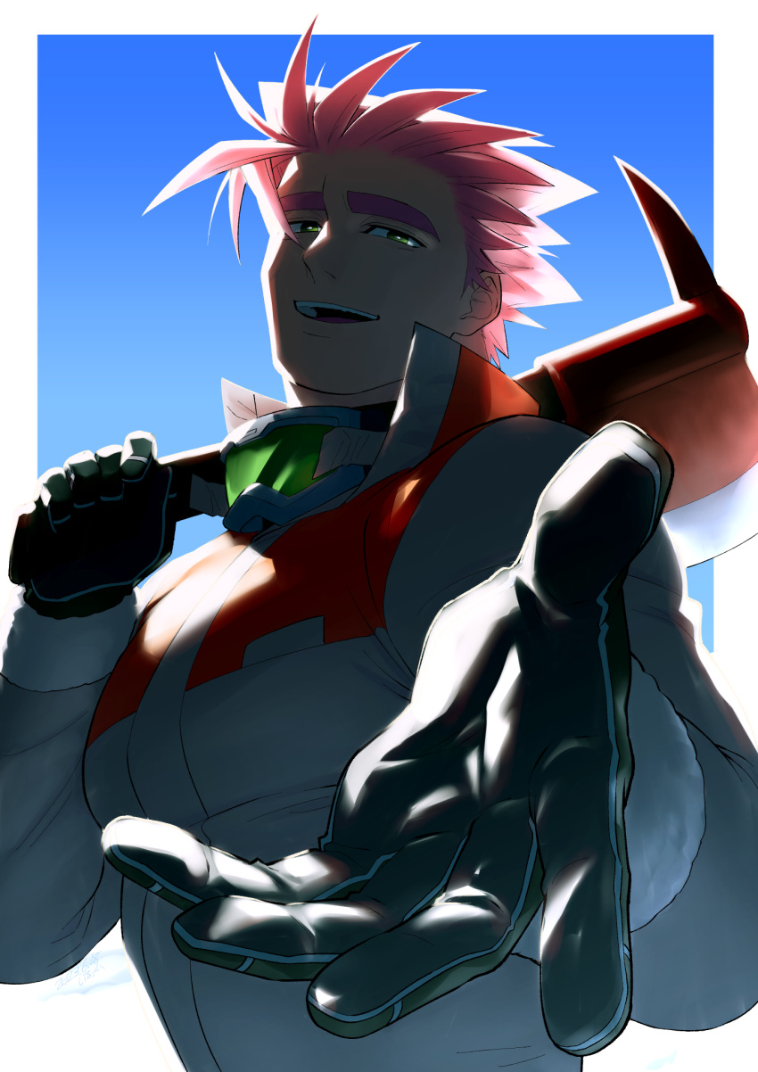 1boy axe bara deruha_(this_communication) foreshortening gloves goggles goggles_around_neck half-closed_eyes head_tilt highres holding holding_axe huge_eyebrows large_pectorals latex latex_gloves looking_at_viewer male_focus muscular muscular_male over_shoulder pectorals pink_hair short_hair smug solo spiked_hair sunlight this_communication umedairuka upper_body weapon weapon_over_shoulder