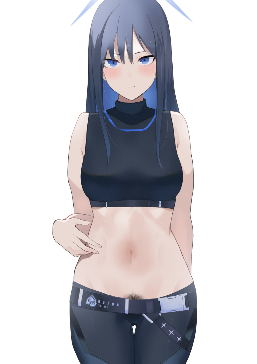 bare_shoulders blue_archive blue_eyes blue_hair blush breasts female_pubic_hair halo highres long_hair looking_at_viewer midriff mismatched_pubic_hair multicolored_hair navel pubic_hair pubic_hair_peek saori_(blue_archive) simple_background sono two-tone_hair white_background