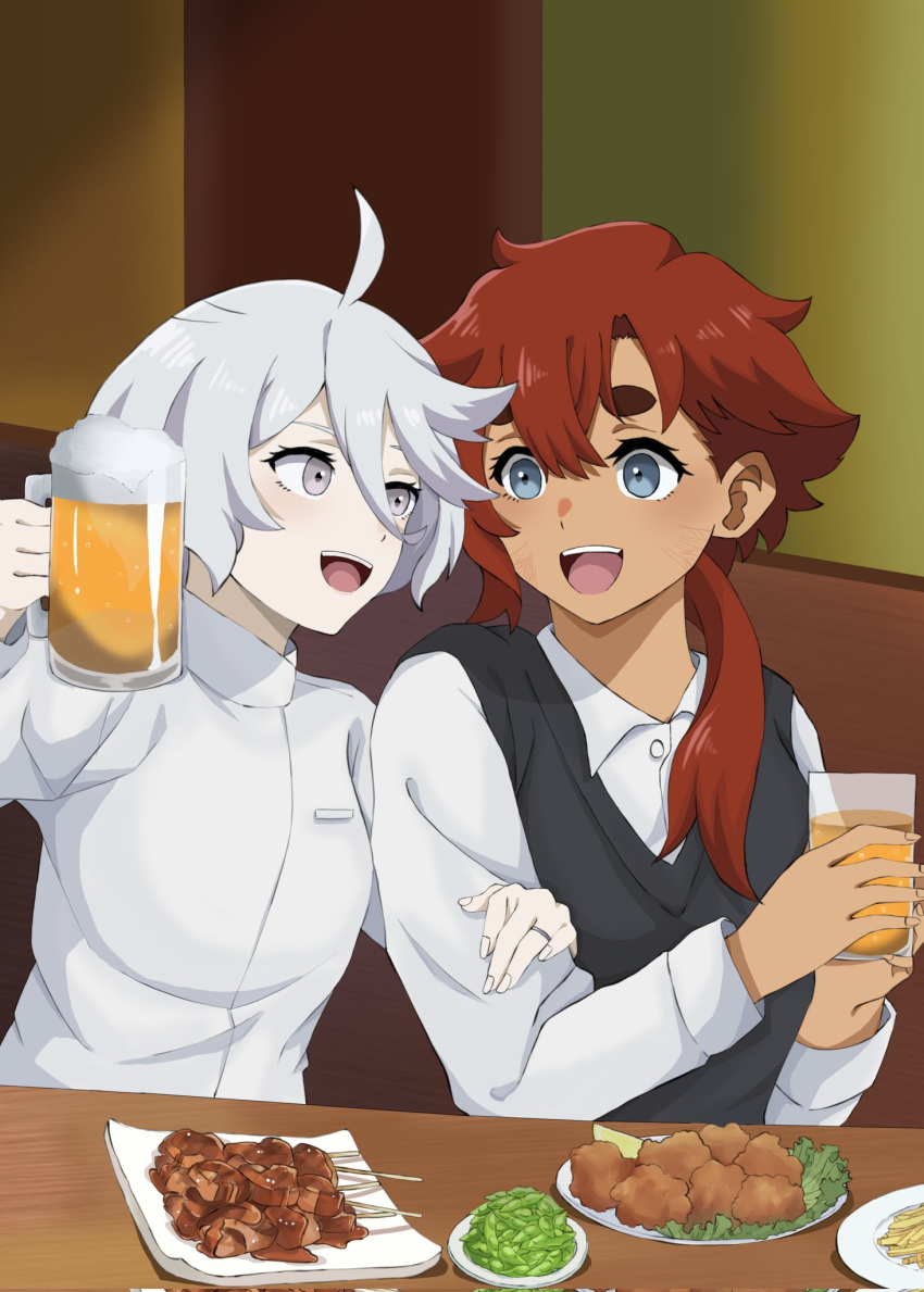 2girls :d ahoge alcohol beer beer_mug black_vest blue_eyes collared_shirt commentary corrupted_twitter_file cup dark-skinned_female dark_skin drink firu104287 food french_fries fried_chicken fruit grey_eyes gundam gundam_suisei_no_majo hair_between_eyes hair_over_shoulder hand_on_another's_arm highres holding holding_cup indoors jewelry kebab lemon lemon_slice lettuce long_hair long_sleeves looking_at_another miorine_rembran mug multiple_girls open_mouth pea_pod plate red_hair ring shirt short_hair skewer smile suletta_mercury table teeth thick_eyebrows upper_body upper_teeth_only vest wedding_ring white_hair white_shirt yuri