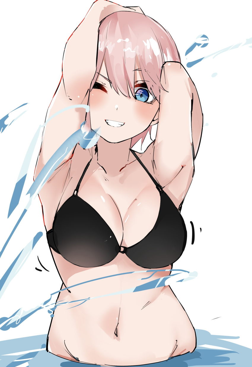 1girl ;d absurdres armpits arms_up bikini black_bikini blue_eyes blush breasts cleavage collarbone commentary_request curvy go-toubun_no_hanayome grin hair_between_eyes halterneck highres large_breasts looking_at_viewer mame1645 nakano_ichika navel one_eye_closed pink_hair shiny_skin short_hair simple_background smile solo splashing stomach swimsuit upper_body v-shaped_eyebrows wading water white_background