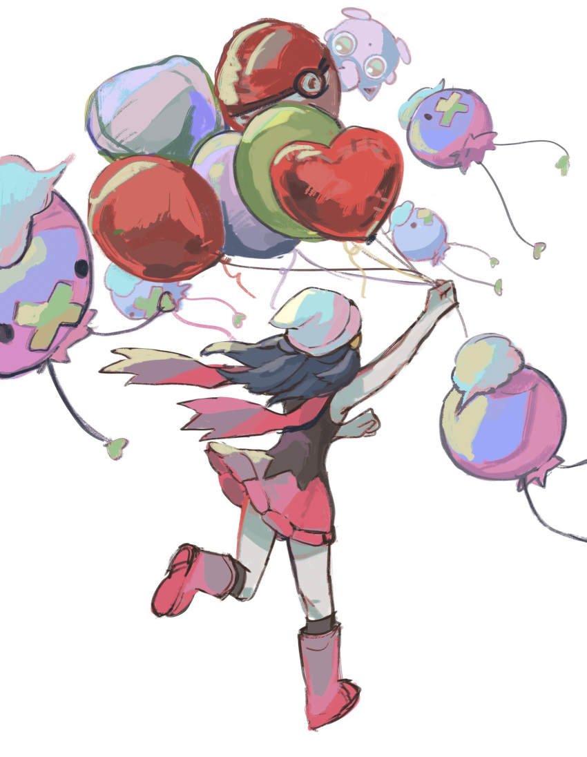 1girl anzu_(01010611) beanie black_hair boots commentary dawn_(pokemon) drifloon floating_hair floating_scarf hair_ornament hairclip hat highres holding holding_string jigglypuff kneehighs leg_up long_hair pink_footwear pink_scarf pink_skirt pokemon pokemon_(creature) pokemon_(game) pokemon_dppt scarf shirt skirt sleeveless sleeveless_shirt socks speech_bubble string symbol-only_commentary white_background white_headwear