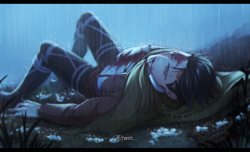 1boy black_hair black_pants blood blood_from_mouth brown_jacket gloves grass gravesecrets highres injury jacket knees_up letterboxed levi_(shingeki_no_kyojin) long_sleeves looking_at_viewer lying male_focus mature_male on_back one_eye_closed outdoors pants rain shingeki_no_kyojin shirt short_hair solo spoilers subtitled white_gloves white_shirt