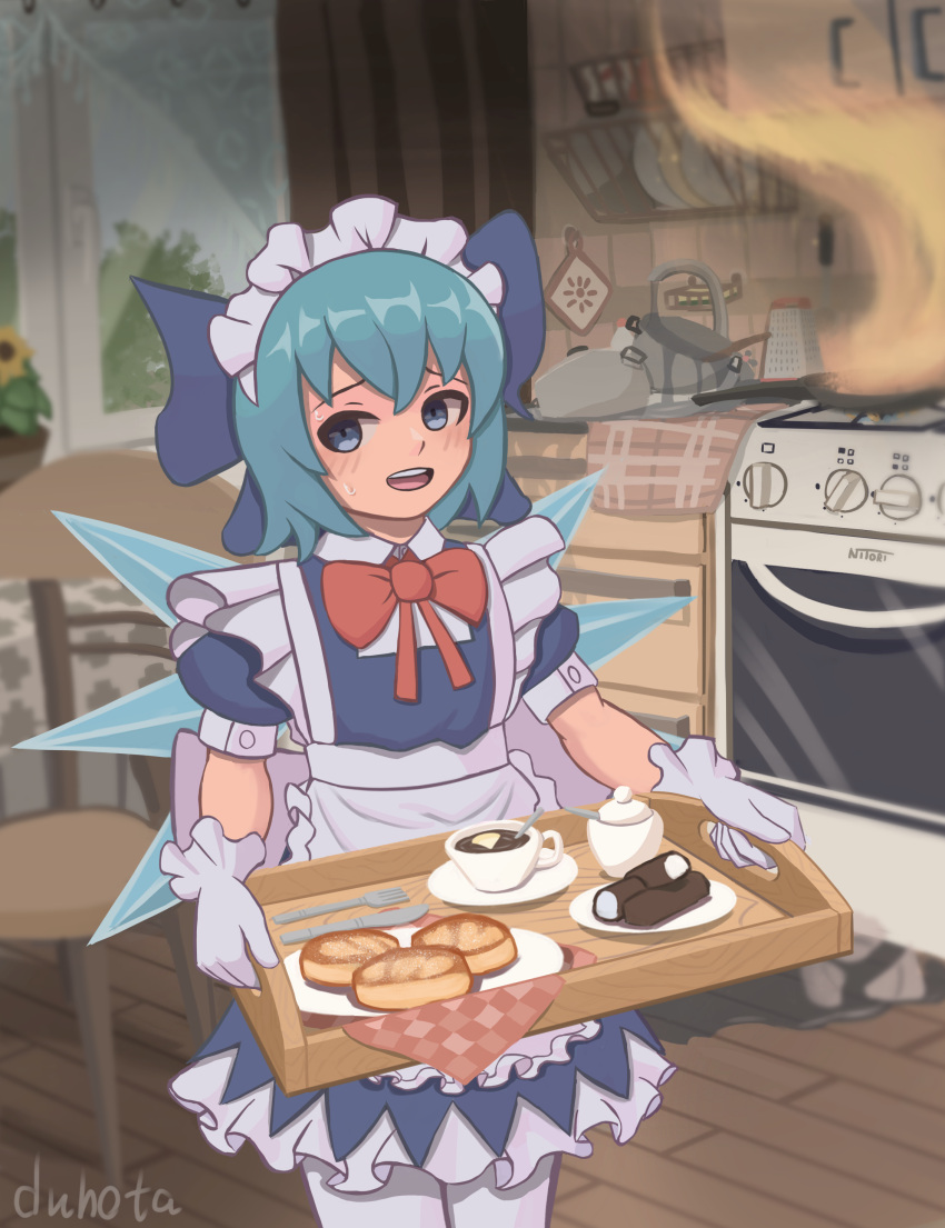 1girl absurdres alternate_costume apron blue_dress blue_eyes blue_hair bow bowtie cirno coffee_cup collared_shirt cowboy_shot cup curd_snack disposable_cup dress duhota enmaided fire flat_chest frilled_apron frills furrowed_brow gloves highres holding holding_tray ice ice_wings kitchen maid maid_apron maid_headdress oven pantyhose puffy_sleeves shirt short_hair skillet sugar_bowl sweatdrop syrniki touhou tray waist_apron white_apron white_pantyhose white_shirt window wings you're_doing_it_wrong