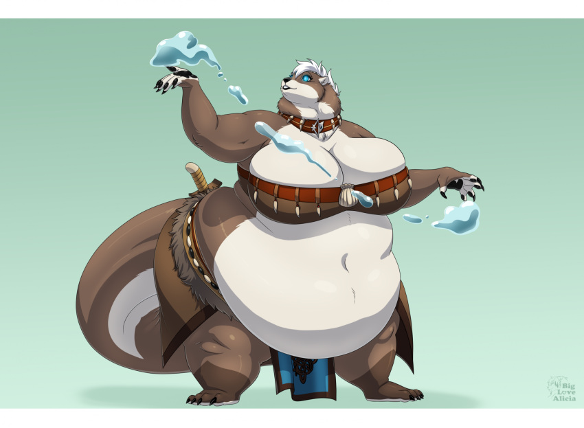 2023 anthro big_breasts biglovealicia blue_eyes breasts brown_body clothed clothing elemental_manipulation female hair hi_res huge_belly mammal mustelid otter overweight overweight_female partially_clothed plantigrade signature simple_background smile solo water_manipulation white_hair