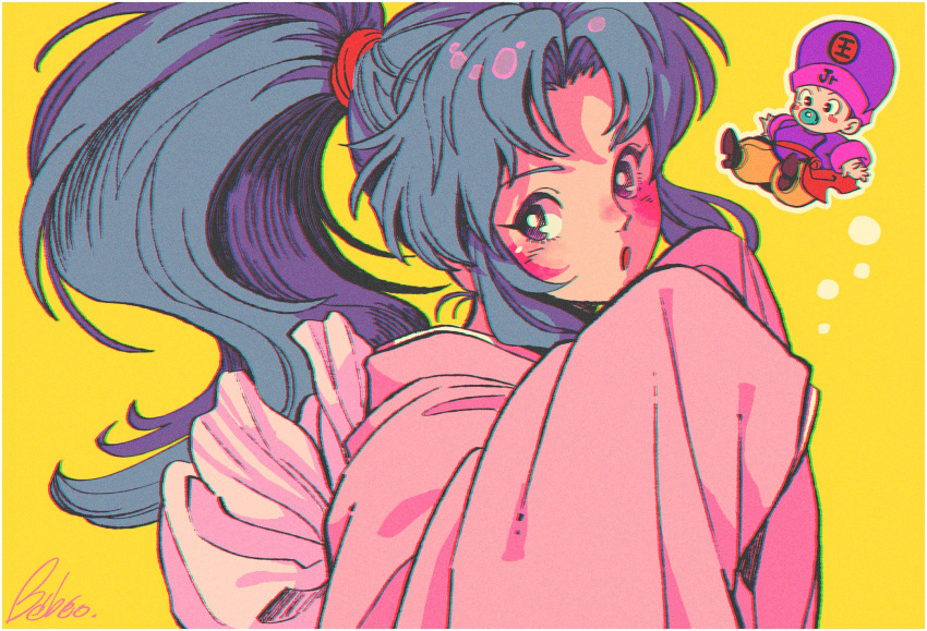 1boy 1girl black_eyes blue_hair blush_stickers botan_(yu_yu_hakusho) hat highres japanese_clothes kimono koenma kwsby_124 long_hair long_sleeves pacifier pink_kimono ponytail purple_eyes purple_headwear signature sleeves_past_fingers sleeves_past_wrists wide_sleeves yellow_background yu_yu_hakusho