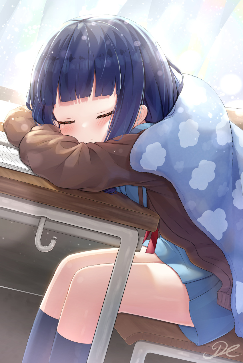 1girl black_thighhighs blanket blue_hair blue_skirt blunt_bangs blush book bow bowtie brown_jacket chair child closed_eyes closed_mouth cloud_print commentary crossed_arms desk highres idolmaster idolmaster_cinderella_girls j2l jacket light_rays long_hair red_bow red_bowtie sajo_yukimi school_chair school_desk signature sitting skirt sleeping sleeping_on_desk solo thighhighs uniform