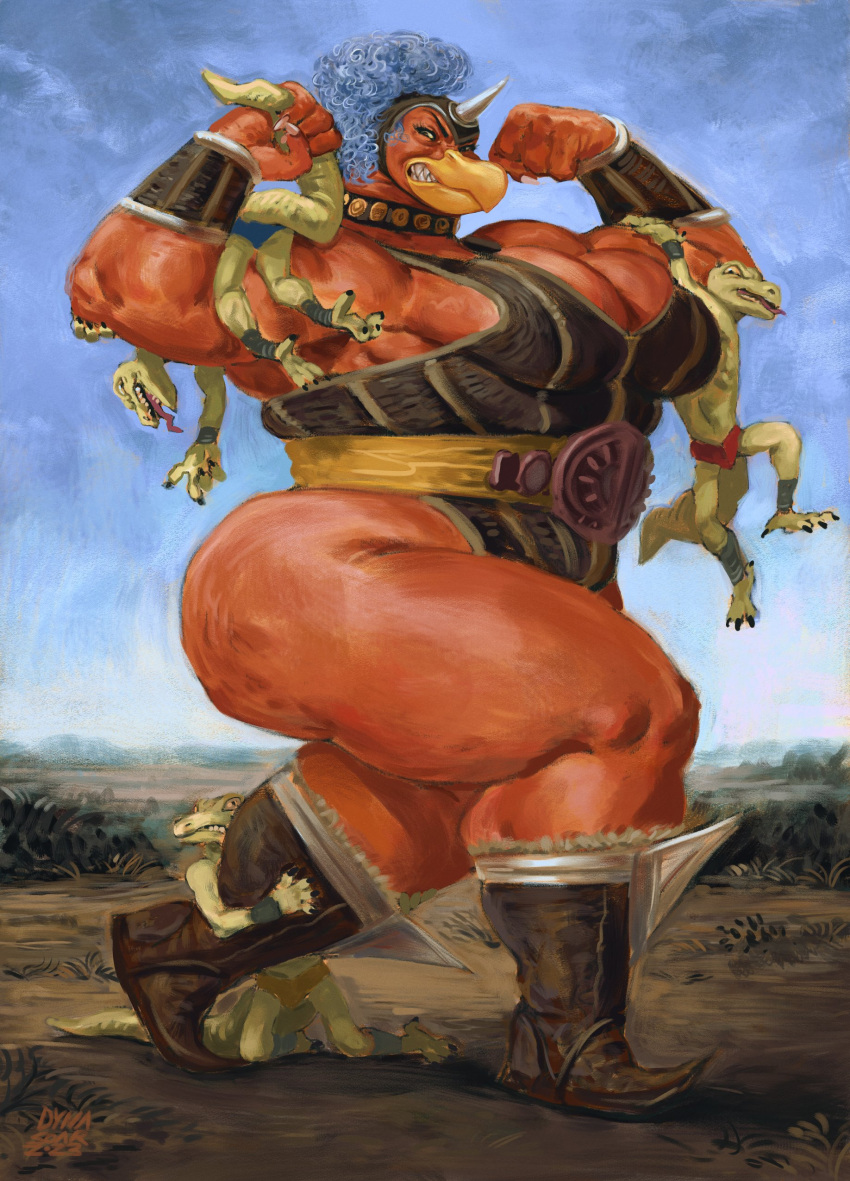 2023 absurd_res accipitriform anthro arm_grab armor avian beak belt big_breasts big_butt bird blue_sky body_armor boots bottomwear breasts butt choker claws cleavage clothed clothing curled_hair demon digital_media_(artwork) digital_painting_(artwork) dyna_soar eyebrows fantasy female fight footwear frown full-length_portrait gauntlets gloves grappling green_body group hair handwear hanging_on_arm headgear helmet hi_res horn horned_helmet impressionist_background jewelry larger_female leather leather_armband leather_armor leather_clothing leg_grab lizard loincloth male male/female muscle_tone necklace open_mouth outside overweight partially_clothed portrait red_body red_skin reptile scalie shin_guards signature size_difference sky smaller_male tail tail_grab teeth_showing thick_thighs toothed_beak vulture vulture_demoness wrestling yellow_eyes