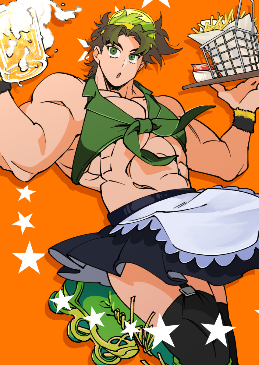 1boy abs alcohol apron battle_tendency beer black_thighhighs brown_hair carota327 crop_top crossdressing food french_fries garter_straps green_eyes highres jojo_no_kimyou_na_bouken joseph_joestar joseph_joestar_(young) male_focus midriff miniskirt muscular muscular_male music pectoral_cleavage pectorals pleated_skirt revealing_clothes roller_skates singing skates skirt solo tankard thighhighs tray visor_cap