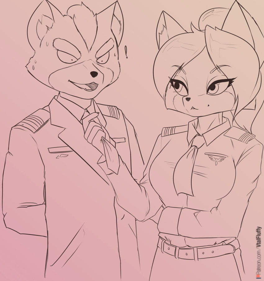 absurd_res anthro blue_body blue_fur canid canine fox fox_mccloud fur hi_res krystal line_art male mammal nintendo sketch star_fox v-tal video_games