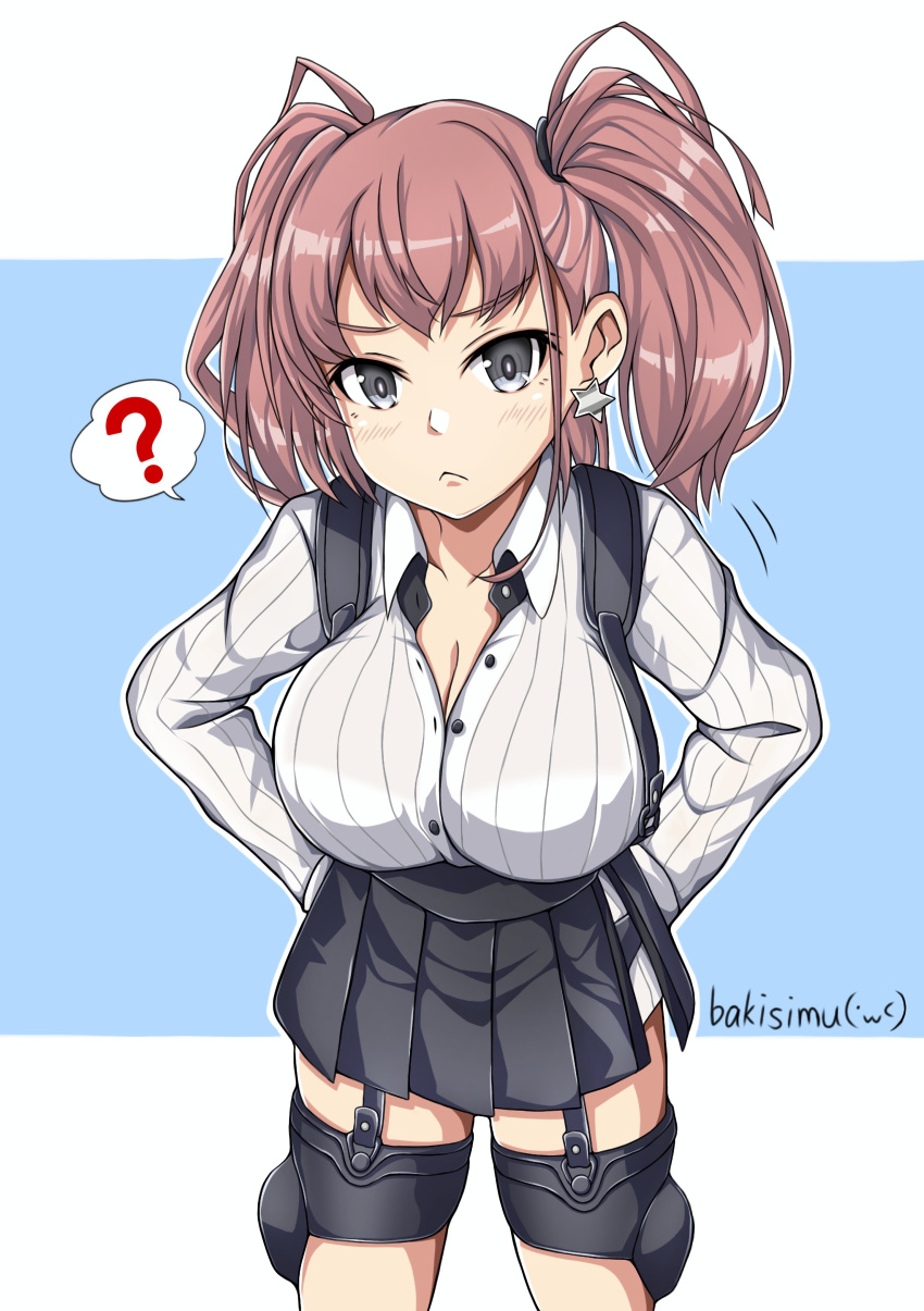 1girl ? absurdres anchor_hair_ornament artist_name atlanta_(kancolle) black_skirt blue_background breasts brown_hair cleavage dress_shirt earrings garter_straps grey_eyes hair_ornament hands_on_own_hips high-waist_skirt highres jewelry kantai_collection koutetunamekuji large_breasts leaning_forward long_hair long_sleeves open_clothes shirt skirt solo spoken_question_mark star_(symbol) star_earrings suspender_skirt suspenders thigh_strap two_side_up white_shirt