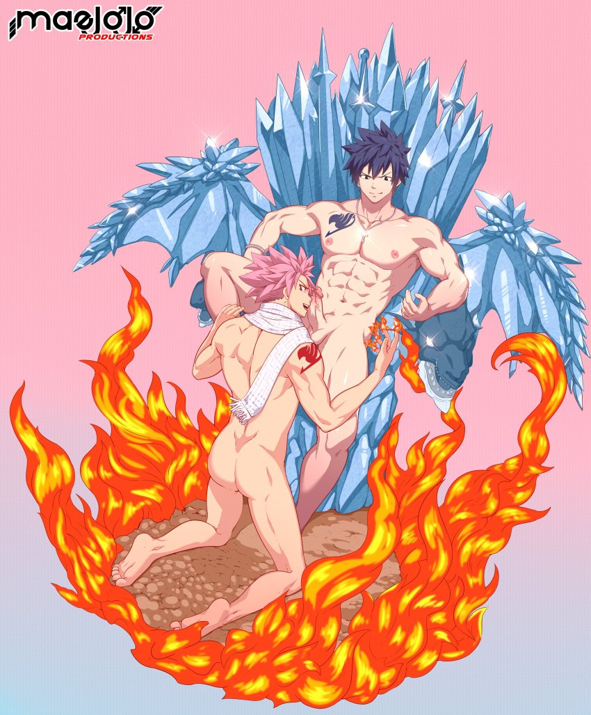 2boys abs absurdres arm_tattoo artist_name ass bara barefoot black_hair chest_tattoo completely_nude erection fairy_tail fire gray_fullbuster highres ice jewelry kneeling large_pectorals looking_at_another magic male_focus mazjojo multiple_boys muscular muscular_male naked_scarf natsu_dragneel navel necklace nipples nude pectorals penis penis_on_face pink_hair scarf short_hair sitting smile soles tattoo thighs throne toes white_scarf yaoi