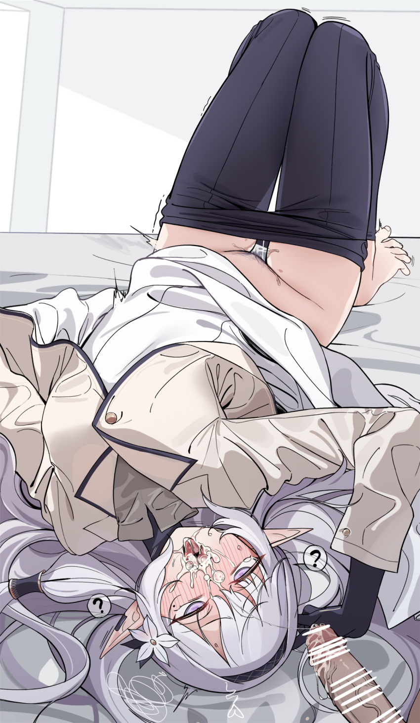 1boy 1girl ? @_@ after_fellatio bar_censor barefoot black_leggings black_shirt blue_archive breasts censored cum cum_bubble cum_on_penis earclip empty_eyes facial female_pubic_hair grey_hair groin hetero highres himari_(blue_archive) knees_up leggings leggings_pull looking_at_viewer lying nakamura_rohane on_back open_mouth penis pointy_ears pov pov_crotch pubic_hair purple_eyes pussy_juice shirt small_breasts spoken_question_mark spread_toes squiggle sweatdrop toes trembling upside-down white_shirt