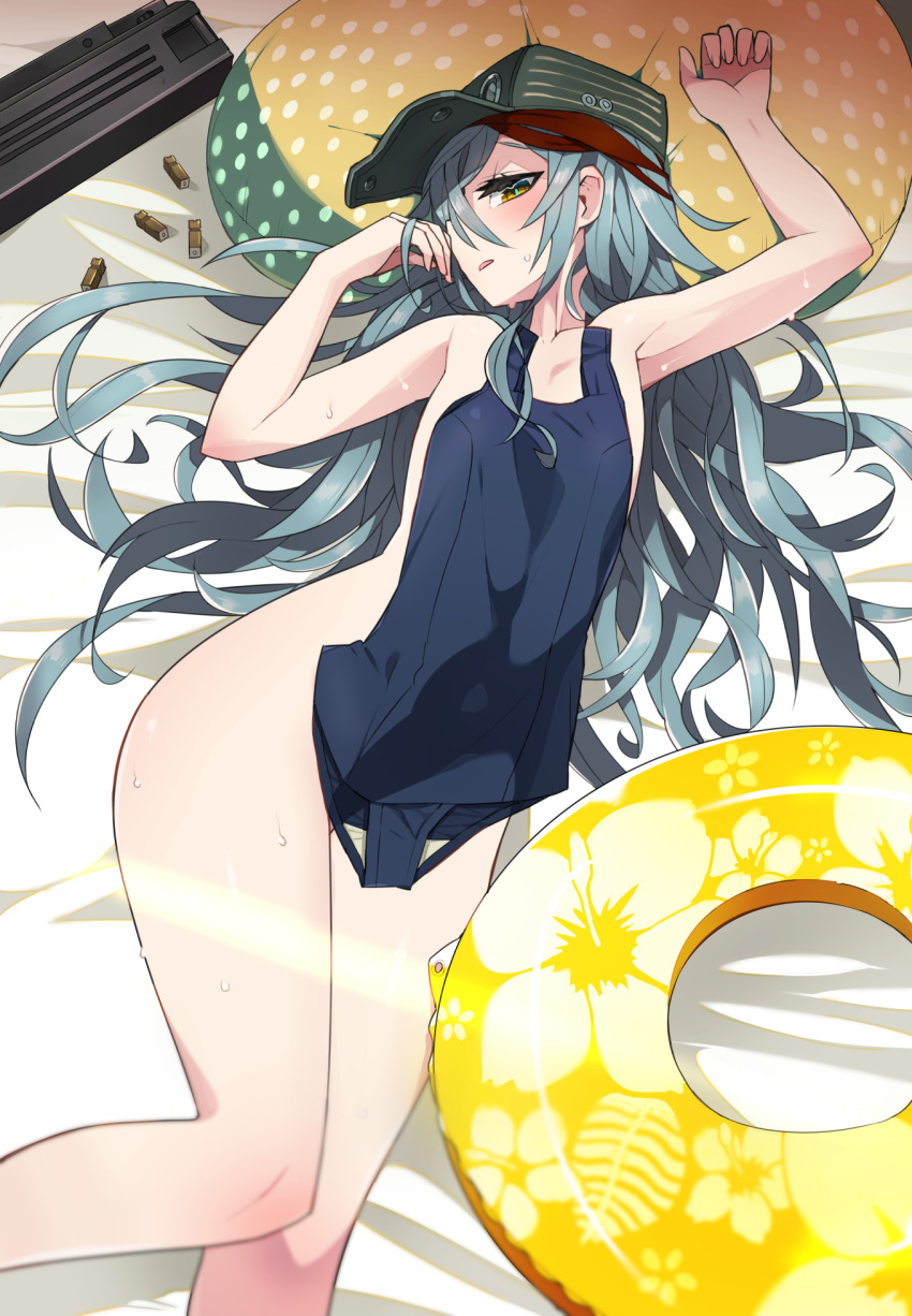 1girl armpits assault_rifle blue_hair brown_eyes cartridge commentary_request covering feet_out_of_frame flat_chest g11_(girls'_frontline) girls'_frontline green_headwear gun h&amp;k_g11 hair_between_eyes hat highres innertube kometsubu long_hair lying nude_cover on_back one-piece_swimsuit rifle solo sweat swimsuit swimsuit_removed thighs weapon yellow_innertube