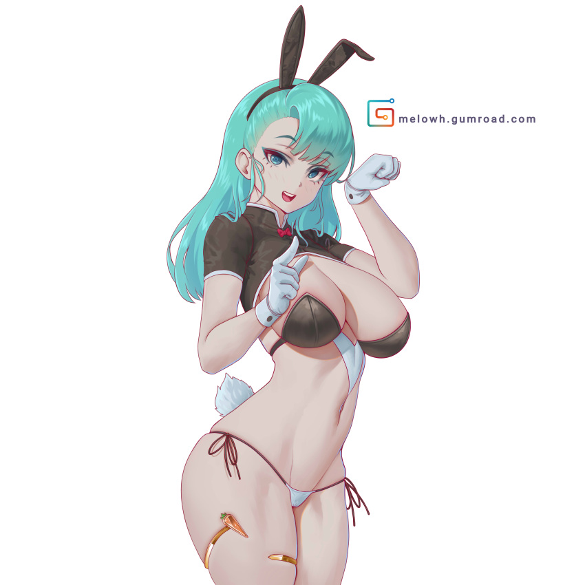 1girl absurdres animal_ears aqua_hair bangs blue_eyes breasts bulma dragon_ball dragon_ball_(classic) fake_animal_ears fake_tail gloves gumroad_username highres large_breasts long_hair looking_at_viewer melowh navel open_mouth panties parted_bangs rabbit_ears rabbit_tail short_sleeves side-tie_panties simple_background smile solo tail underwear white_background white_gloves white_panties