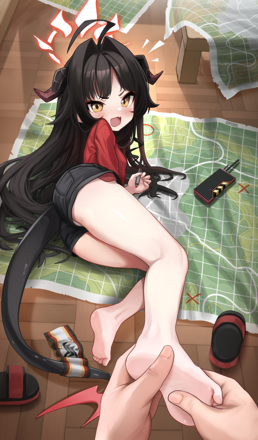 1girl 1other absurdres ahoge barefoot black_hair black_shorts blue_archive blush breasts commentary comodomodo demon_girl demon_horns demon_tail english_commentary fang feet foot_massage full_body hair_intakes halo highres holding holding_another's_foot horns indoors kasumi_(blue_archive) legs long_hair looking_at_viewer lying on_floor on_side open_mouth pov pov_hands red_halo red_shirt sandals sandals_removed shirt short_shorts shorts skin_fang small_breasts soles tail toes yellow_eyes