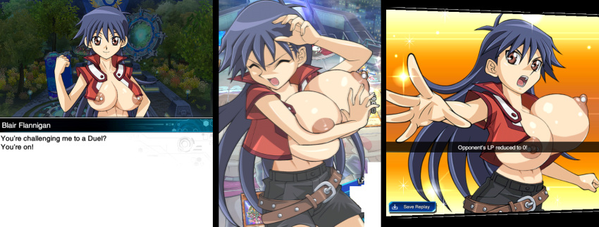 1girl alternate_breast_size blue_hair breasts breasts_out duel_academy_uniform_(yu-gi-oh!_gx) gigantic_breasts highres huge_breasts large_breasts long_hair looking_at_viewer nipple_piercing nipples piercing revealing_clothes rochestedorm saotome_rei shorts shortstack topless very_long_hair yu-gi-oh! yu-gi-oh!_duel_links yu-gi-oh!_gx