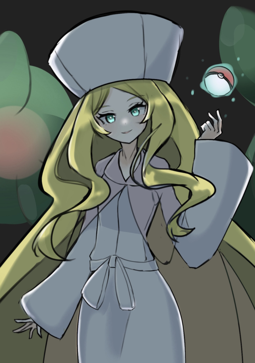 1girl blonde_hair caitlin_(pokemon) dress green_eyes hat highres long_hair long_sleeves looking_at_viewer parted_lips poke_ball pokemon pokemon_(creature) pokemon_(game) pokemon_bw reuniclus smile telekinesis veil very_long_hair white_light_(cegk4227) wide_sleeves