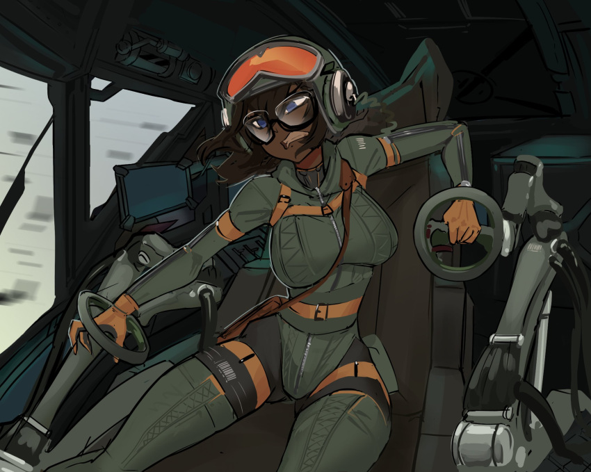 1girl battletech blair_parker_(wibber_rose) blue_eyes breasts brown_hair centurii-chan_(artist) clenched_teeth cockpit commission dark_skin dynamic_pose empty_eyes furrowed_brow glasses gloves hair_between_eyes headset helmet highres holster large_breasts pilot_suit pouch solo teeth