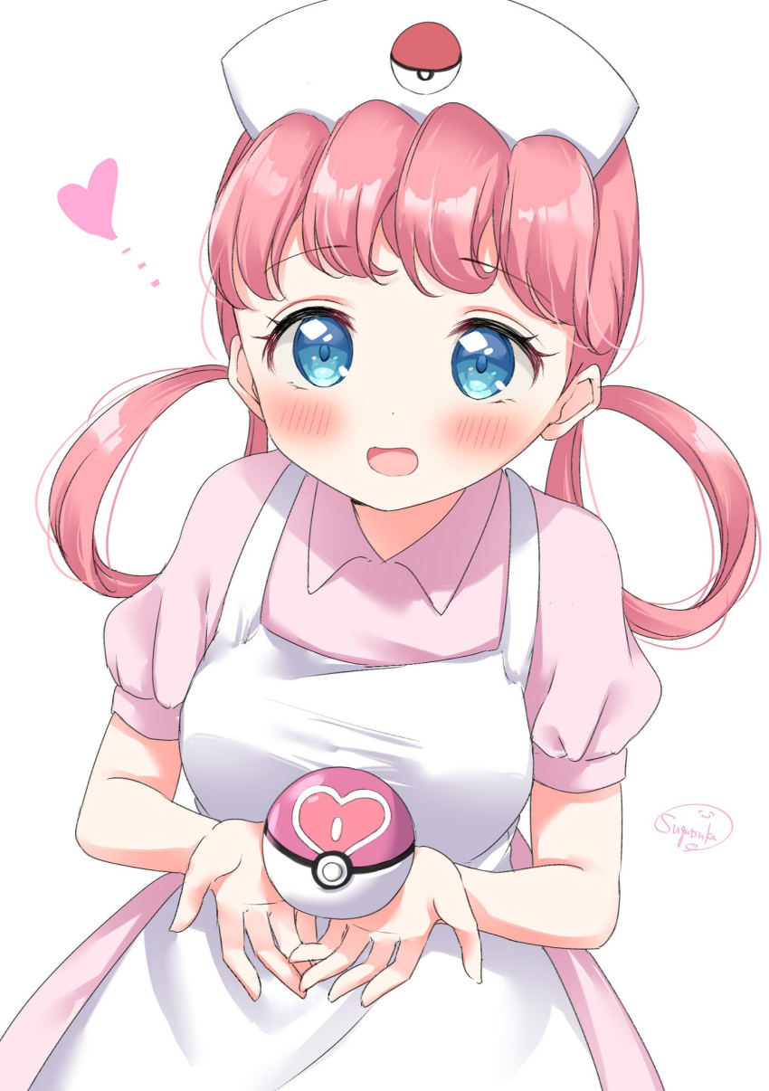 1girl apron aqua_eyes blush collared_dress commentary_request dress eyelashes hair_rings hat heart highres holding holding_poke_ball joy_(pokemon) long_hair love_ball open_mouth pink_dress pink_hair poke_ball poke_ball_print pokemon signature solo sugutsuka_rerun tongue white_apron white_background white_headwear