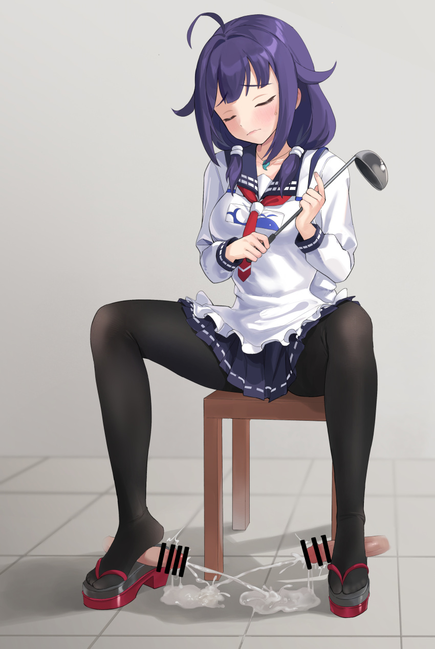 1girl absurdres ahoge apron black_pantyhose blush censored chuck_(harfmoondark) closed_eyes closed_mouth cum disembodied_penis feet footjob hair_flaps highres kantai_collection ladle magatama mature_female pantyhose penis pleated_skirt purple_hair red_eyes sandals sitting skirt taigei_(kancolle)