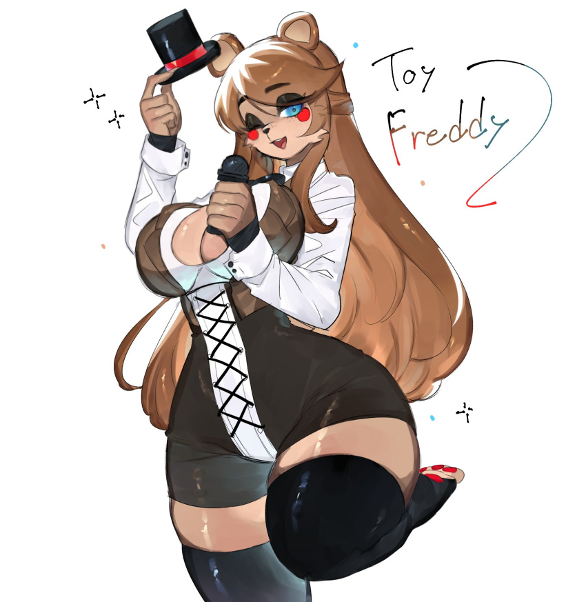 anthro bear blue_eyes breasts brown_hair clothed clothing female five_nights_at_freddy's five_nights_at_freddy's_2 hair hat headgear headwear hi_res holding_microphone holding_object looking_at_viewer mammal microphone one_eye_closed open_mouth pawpads scottgames simple_background solo togetoge toy_freddy_(fnaf)