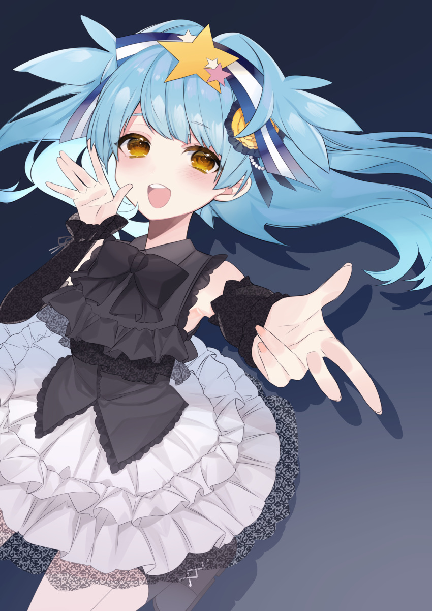 1girl absurdres black_sleeves blue_hair dress frilled_dress frills hair_ornament hair_ribbon highres hoshikawa_lily idol long_hair long_sleeves looking_at_viewer open_mouth ribbon smile star_(symbol) star_hair_ornament uehara_(dormmmmir_) yellow_eyes zombie_land_saga