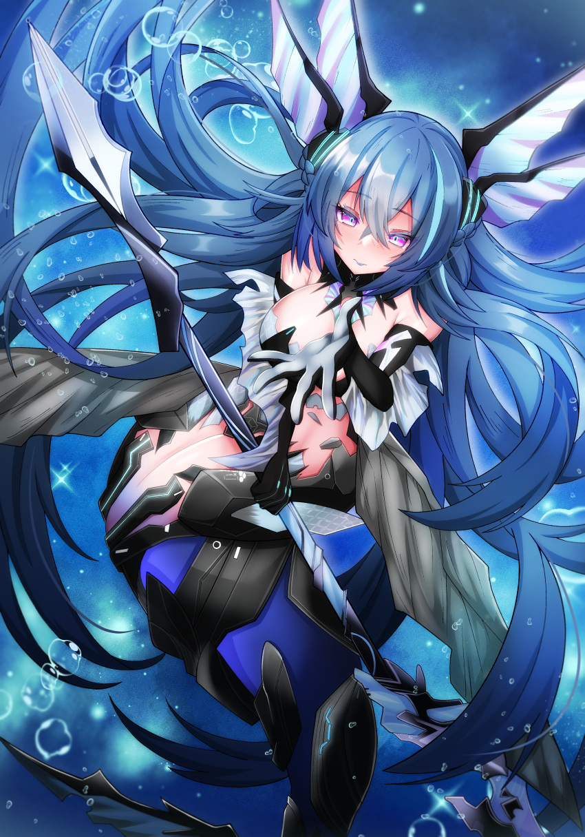 1girl absurdres adhesive_bra ankle_fins arm_fins ashikoshi_jakushi black_bra black_gloves blue_hair blue_lips bra braid breasts crossed_bangs elbow_gloves fins french_braid gloves hair_between_eyes head_fins highres holding holding_polearm holding_weapon lamia_(punishing:_gray_raven) large_breasts long_hair mechanical_parts mermaid monster_girl multicolored_eyes polearm punishing:_gray_raven purple_eyes ringed_eyes shell_hair_ornament sidelocks solo underwater underwear very_long_hair weapon