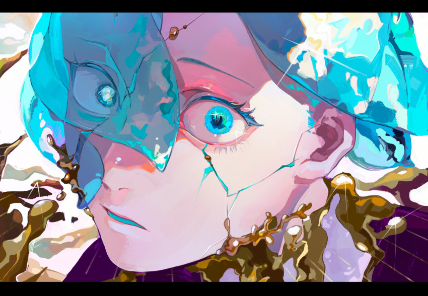 1other androgynous antarcticite aqua_eyes blue_hair breaking colored_eyelashes cracked_skin crystal_hair eye_reflection gem_uniform_(houseki_no_kuni) highres houseki_no_kuni liquid looking_at_viewer melting molten_metal open_mouth other_focus phosphophyllite reflection solo translucent_hair wide-eyed xiaoxiaoguguzi