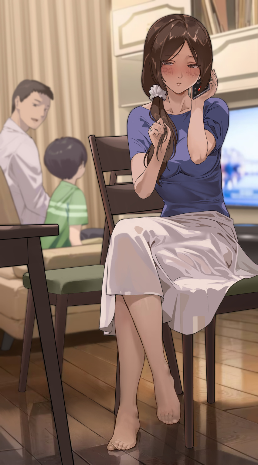 1girl 2boys absurdres black_eyes blush breasts brown_hair cellphone crossed_legs hairband highres holding holding_phone indoors long_hair looking_at_another mature_female multiple_boys netorare open_mouth original pantyhose phone ponytail short_hair side_ponytail sitting smartphone smile television toes wooden_floor yewang19