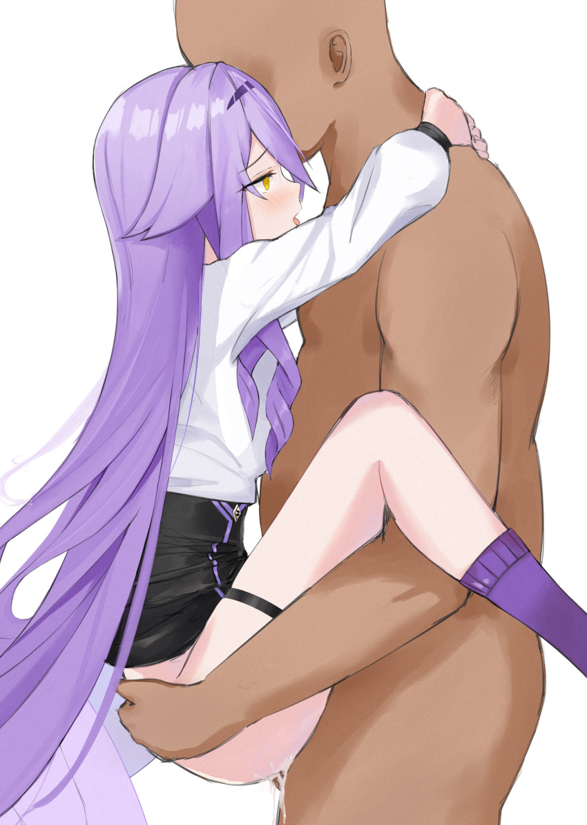 1boy 1girl absurdres black_skirt clothed_female_nude_male clothes_lift completely_nude cum cum_overflow dark-skinned_male dark_skin from_side hetero highres honkai_(series) honkai_impact_3rd long_hair long_sleeves momiji_(25476188) nude purple_hair purple_socks sex shirt simple_background sirin skirt skirt_lift socks solo_focus suspended_congress thigh_strap tongue tongue_out very_long_hair white_background white_shirt yellow_eyes