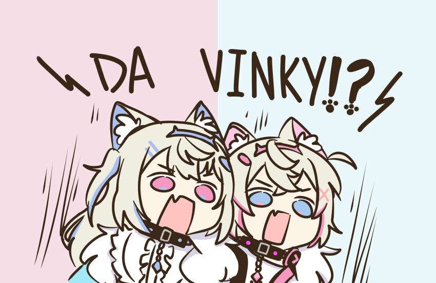 2girls animal_collar animal_ears blonde_hair blue_eyes collar commentary da_vinky_(meme) dog_ears dog_girl english_commentary fang fuwawa_abyssgard highres hololive hololive_english long_hair meme mococo_abyssgard multiple_girls nagi_nyaaa one_side_up open_mouth pink_eyes siblings sisters skin_fang studded_collar twins virtual_youtuber