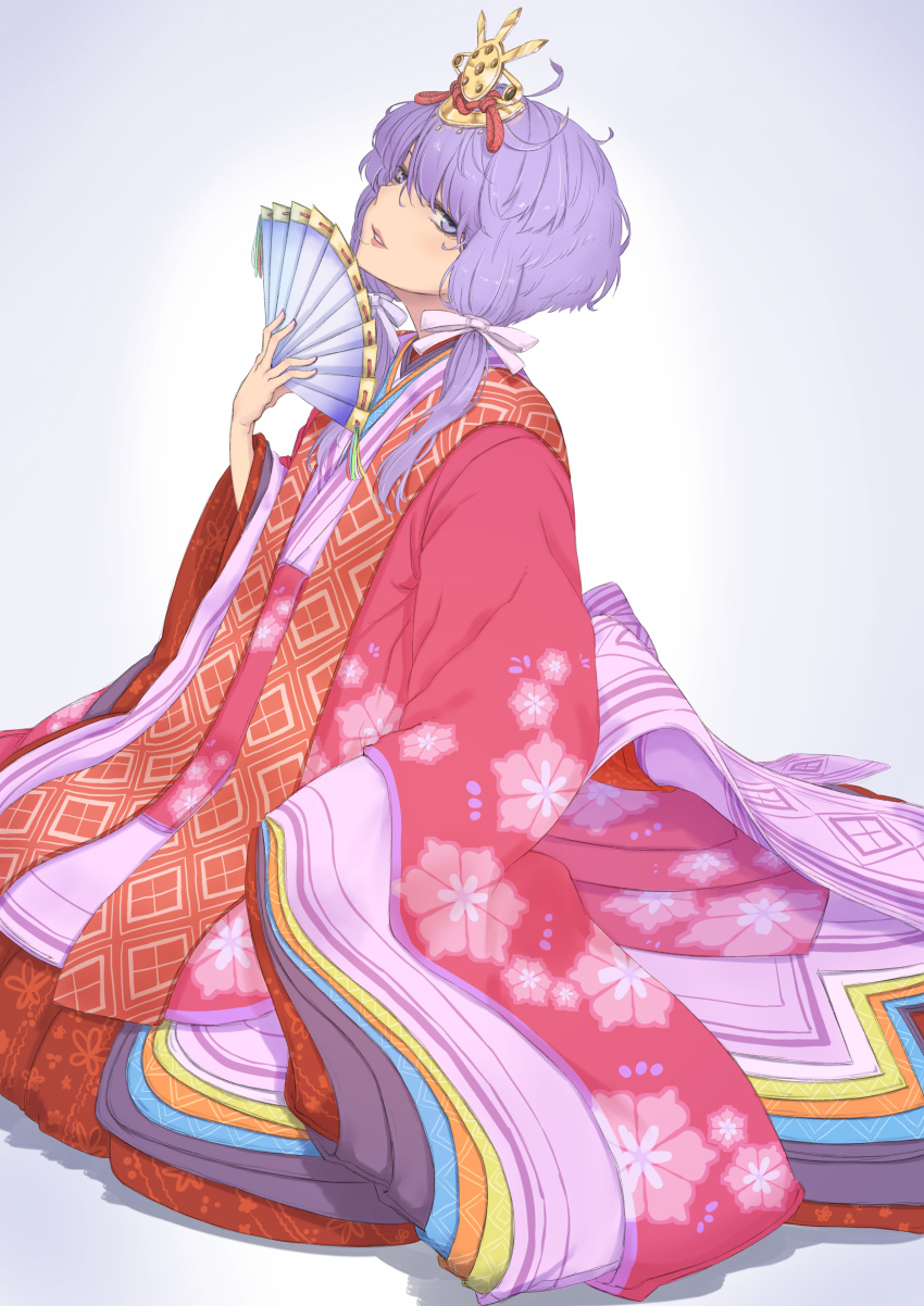 1girl absurdres alternate_costume commentary_request hair_ribbon hakama half-closed_eyes hand_fan hand_up head_back highres hirabitai holding holding_fan japanese_clothes karaginu_mo kimono layered_clothes layered_kimono lipstick looking_at_viewer looking_to_the_side makeup multicolored_clothes multicolored_kimono parted_lips purple_eyes purple_hair red_hakama ribbon seiza shiratama_(siratama5656) sitting solo vocaloid voiceroid white_background wide_sleeves yuzuki_yukari