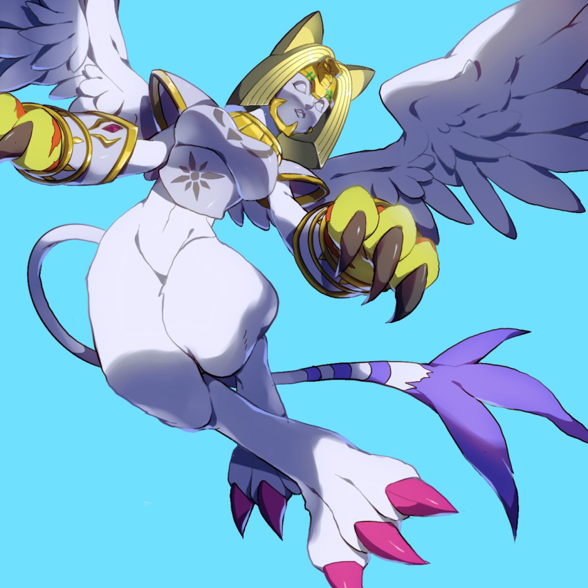 2019 armor bandai_namco black_claws blue_background breasts claws clothing digimon digimon_(species) digital_media_(artwork) feathered_wings feathers felid female feral gloves handwear headgear helmet hi_res long_tail mammal map1o markings mythological_sphinx mythology nefertimon purple_claws purple_markings simple_background solo tail tail_markings tail_tuft toe_claws tuft white_body white_feathers wings