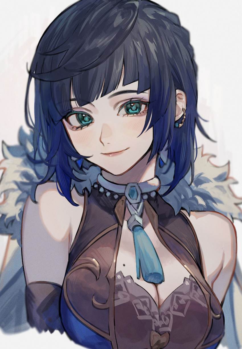 1girl aqua_eyes asymmetrical_hair asymmetrical_sidelocks blue_hair blunt_bangs blurry breasts cape cleavage_cutout clothing_cutout cropped_arms cropped_head cropped_torso depth_of_field detached_sleeves earrings fur-trimmed_cape fur_trim genshin_impact highres itou_(very_ito) jewelry large_breasts looking_at_viewer mole mole_on_breast neck_ring pink_lips sidelocks tassel white_background yelan_(genshin_impact)