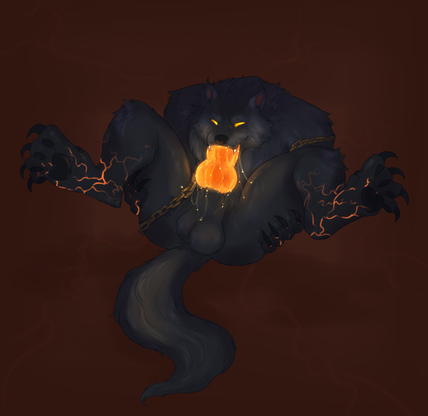 anthro autofellatio balls big_balls big_knot black_body black_fur bodily_fluids canid canine canis chain claws european_mythology fenrir_(smite) fur genitals glowing glowing_eyes glowing_genitalia glowing_penis glowing_veins hi_res himerosthegod knot male mammal masturbation mythology norse_mythology oral oral_masturbation orange_eyes penile penile_masturbation penis raised_leg saliva simple_background solo wolf