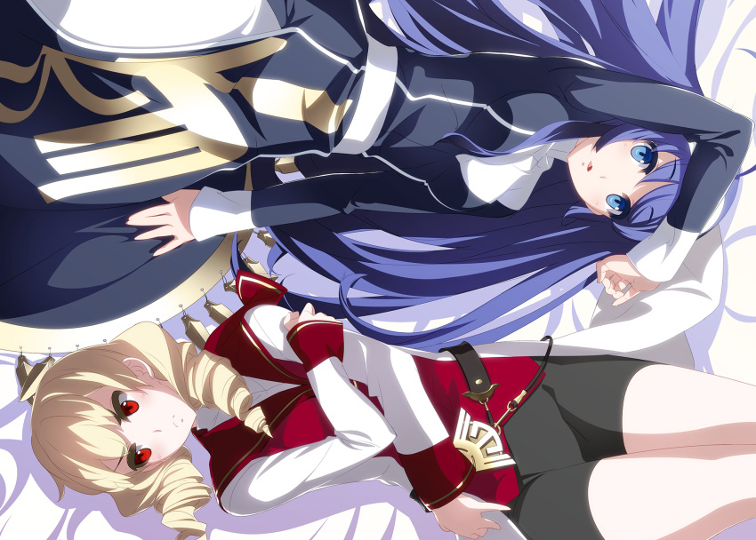 2girls ahoge bike_shorts blonde_hair blue_eyes blue_hair blush breasts cape dress drill_hair erika_wagner hairband highres long_hair looking_at_viewer lying medium_breasts multiple_girls official_art on_back open_mouth orie_(under_night_in-birth) red_eyes twin_drills twintails under_night_in-birth under_night_in-birth_exe:late[st] very_long_hair white_hairband yoshihara_seiichi